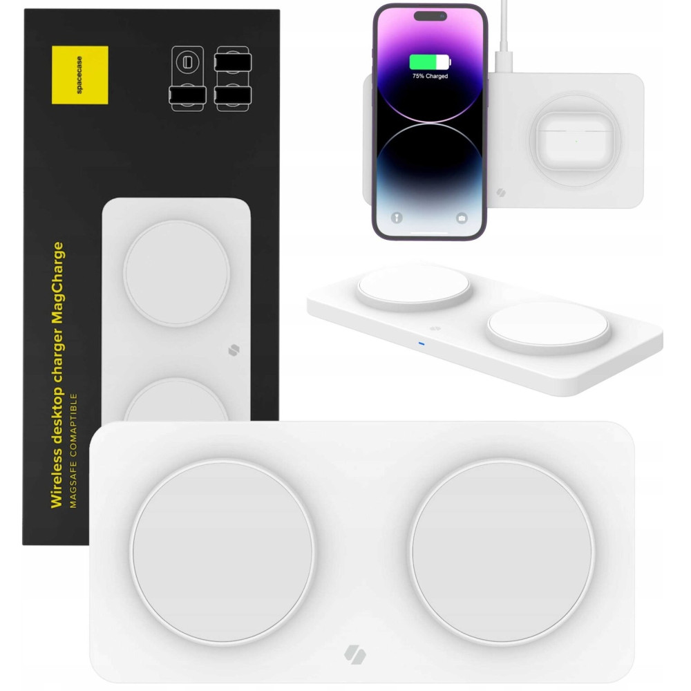 Spacecase WM3W Wireless Desktop Dual Charger MagCharge - Βάση Ασύρματης Φόρτισης MagSafe για iPhone 16 / 15 / 14 / 13 / 12 & AirPods - 15W - White (5905719110345)