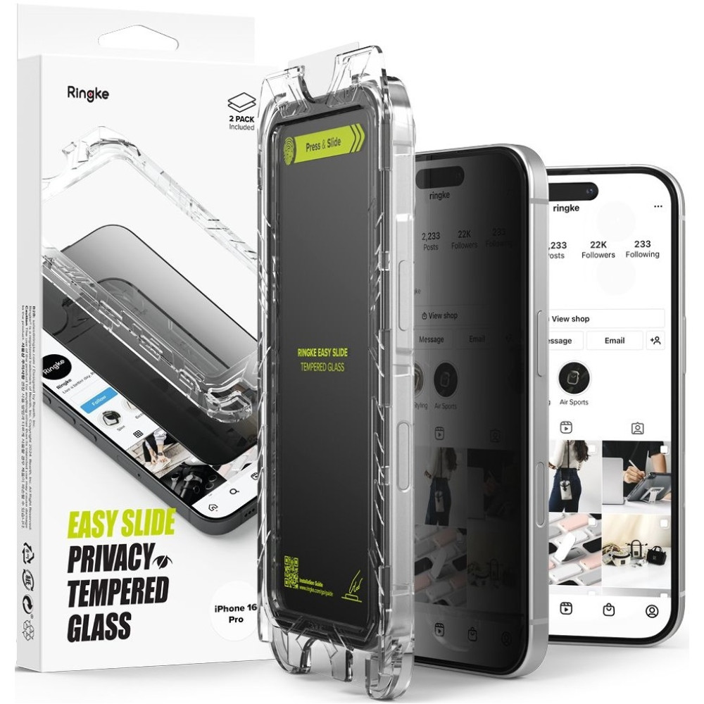 Αντιχαρακτικό Γυαλί Προστασίας Apple iPhone 16 Pro - Ringke Easy Slide Privacy Tempered Glass FullFace Απορρήτου Οθόνης - 2 Τεμάχια - Black (8800274960053)
