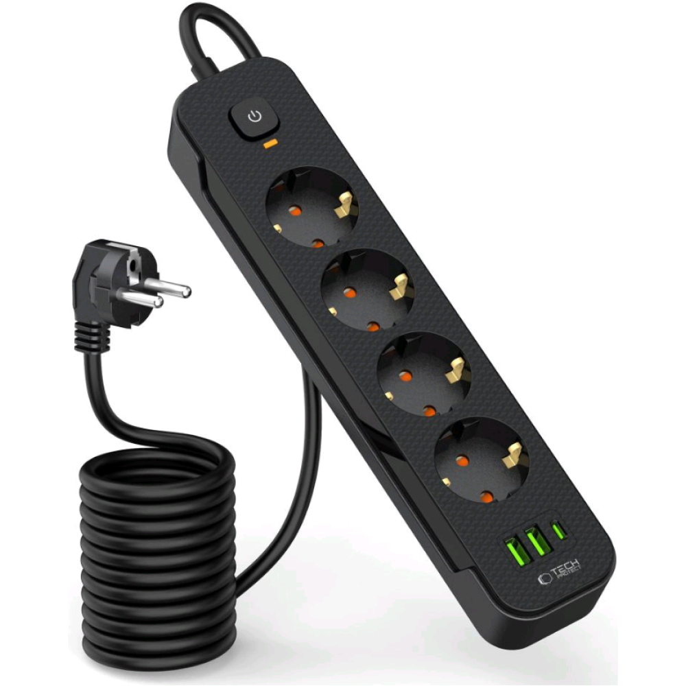 Tech-Protect PCL4X3 Multi Plug Power Strip Long - Πολύπριζο με 4 x Υποδοχές AC 240V με Διακόπτη & Καλώδιο 200cm - 2 x USB-A / 1 x Type-C - 2.1A - Black (5906302310593)