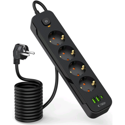 Tech-Protect PCL4X3 Multi Plug Power Strip Long - Πολύπριζο με 4 x Υποδοχές AC 240V με Διακόπτη & Καλώδιο 200cm - 2 x USB-A / 1 x Type-C - 2.1A - Black (5906302310593)