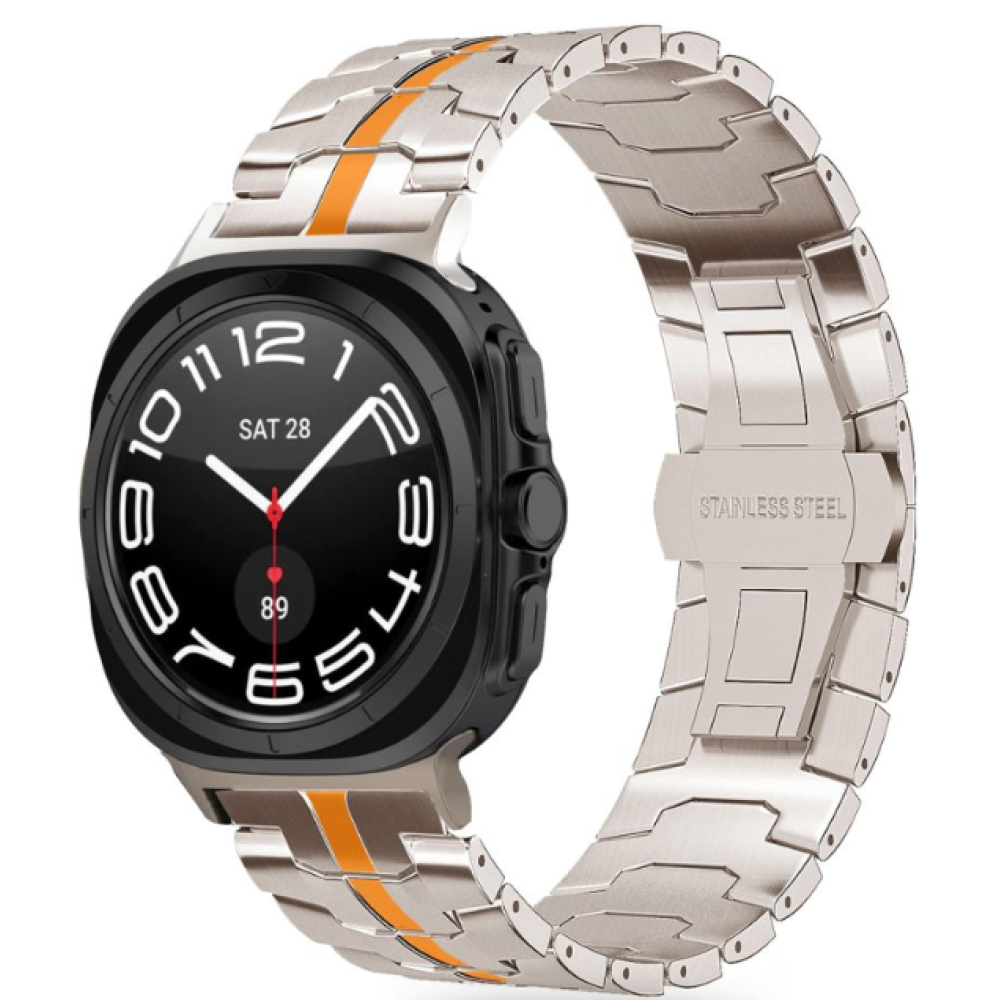 Λουράκι Samsung Galaxy Watch Ultra 47mm - Tech-Protect Stainless Line από Ανοξείδωτο Ατσάλι - Titanium / Orange (5906302313167)