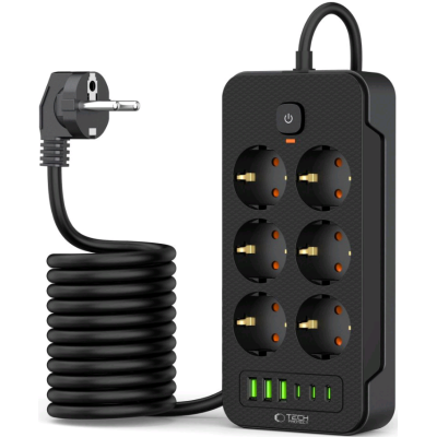 Tech-Protect PC6X6 Multi Plug Power Strip - Πολύπριζο με 6 x Υποδοχές AC 240V με Διακόπτη & Καλώδιο 200cm - 3 x USB-A / 3 x Type-C - 3.1A - Black (5906302310586)