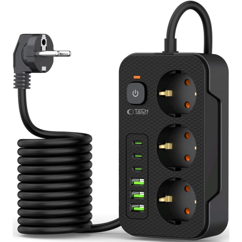Tech-Protect PC3X6 Multi Plug Power Strip - Πολύπριζο με 3 x Υποδοχές AC 240V με Διακόπτη & Καλώδιο 200cm - 3 x USB-A / 3 x Type-C - 3.1A - Black (5906302310555)