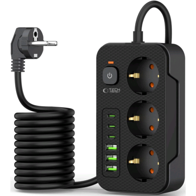 Tech-Protect PC3X6 Multi Plug Power Strip - Πολύπριζο με 3 x Υποδοχές AC 240V με Διακόπτη & Καλώδιο 200cm - 3 x USB-A / 3 x Type-C - 3.1A - Black (5906302310555)