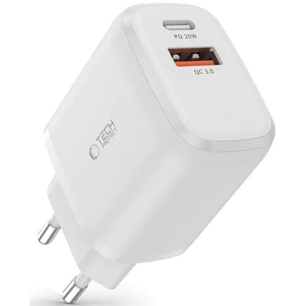 Tech-Protect C20W - Ταχυφορτιστής Ταξιδιού / Αντάπτορας με 1 x USB-A / 1 x Type-C - 20W - White (9589046924293)