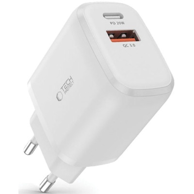 Tech-Protect C20W - Ταχυφορτιστής Ταξιδιού / Αντάπτορας με 1 x USB-A / 1 x Type-C - 20W - White (9589046924293)
