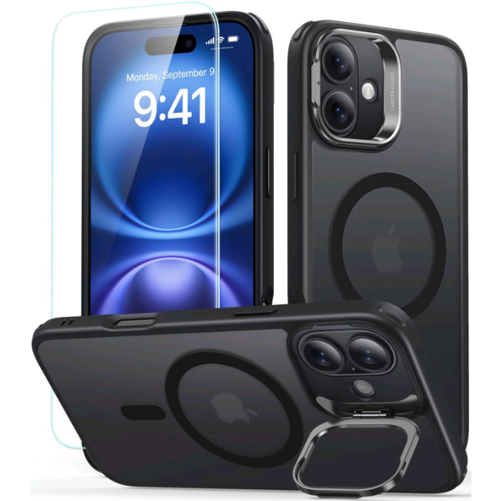 Θήκη & Αντιχαρακτικό Γυαλί Προστασίας Apple iPhone 16 - ESR Classic Hybrid HaloLock with Stash Stand Σετ Ανθεκτική MagSafe & Tempered Glass Οθόνης με KickStand - Frosted Black (4894240243626)