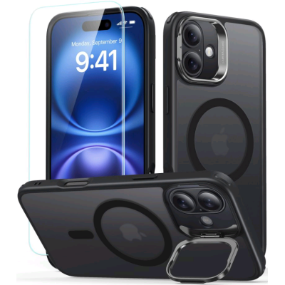 Θήκη & Αντιχαρακτικό Γυαλί Προστασίας Apple iPhone 16 - ESR Classic Hybrid HaloLock with Stash Stand Σετ Ανθεκτική MagSafe & Tempered Glass Οθόνης με KickStand - Frosted Black (4894240243626)