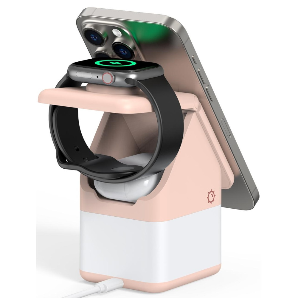 Duzzona W20 4-in-1 Magnetic Wireless Charger - Μαγνητική Βάση Ασύρματης Φόρτισης MagSafe για Apple iPhone / AirPods / Apple Watch με Φωτάκι Νυκτός - 15W - Pink (6934913005132)