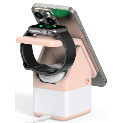 Duzzona W20 4-in-1 Magnetic Wireless Charger - Μαγνητική Βάση Ασύρματης Φόρτισης MagSafe για Apple iPhone / AirPods / Apple Watch με Φωτάκι Νυκτός - 15W - Pink (6934913005132)