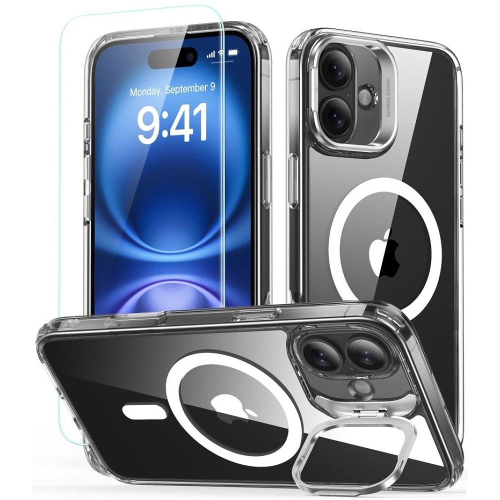 Θήκη & Αντιχαρακτικό Γυαλί Προστασίας Apple iPhone 16 - ESR Classic Hybrid HaloLock with Stash Stand Σετ Ανθεκτική MagSafe & Tempered Glass Οθόνης με KickStand - Clear (4894240243602)