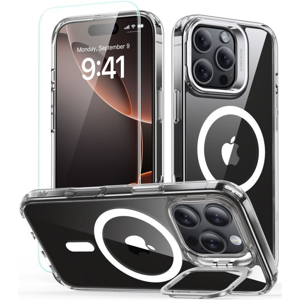Θήκη & Αντιχαρακτικό Γυαλί Προστασίας Apple iPhone 16 Pro Max - ESR Classic Hybrid HaloLock with Stash Stand Σετ Ανθεκτική MagSafe & Tempered Glass Οθόνης με KickStand - Clear (4894240243725)