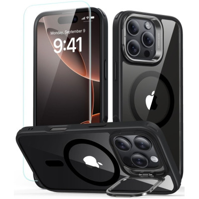 Θήκη & Αντιχαρακτικό Γυαλί Προστασίας Apple iPhone 16 Pro Max - ESR Classic Hybrid HaloLock with Stash Stand Σετ Ανθεκτική MagSafe & Tempered Glass Οθόνης με KickStand - Clear / Black (4894240243763)