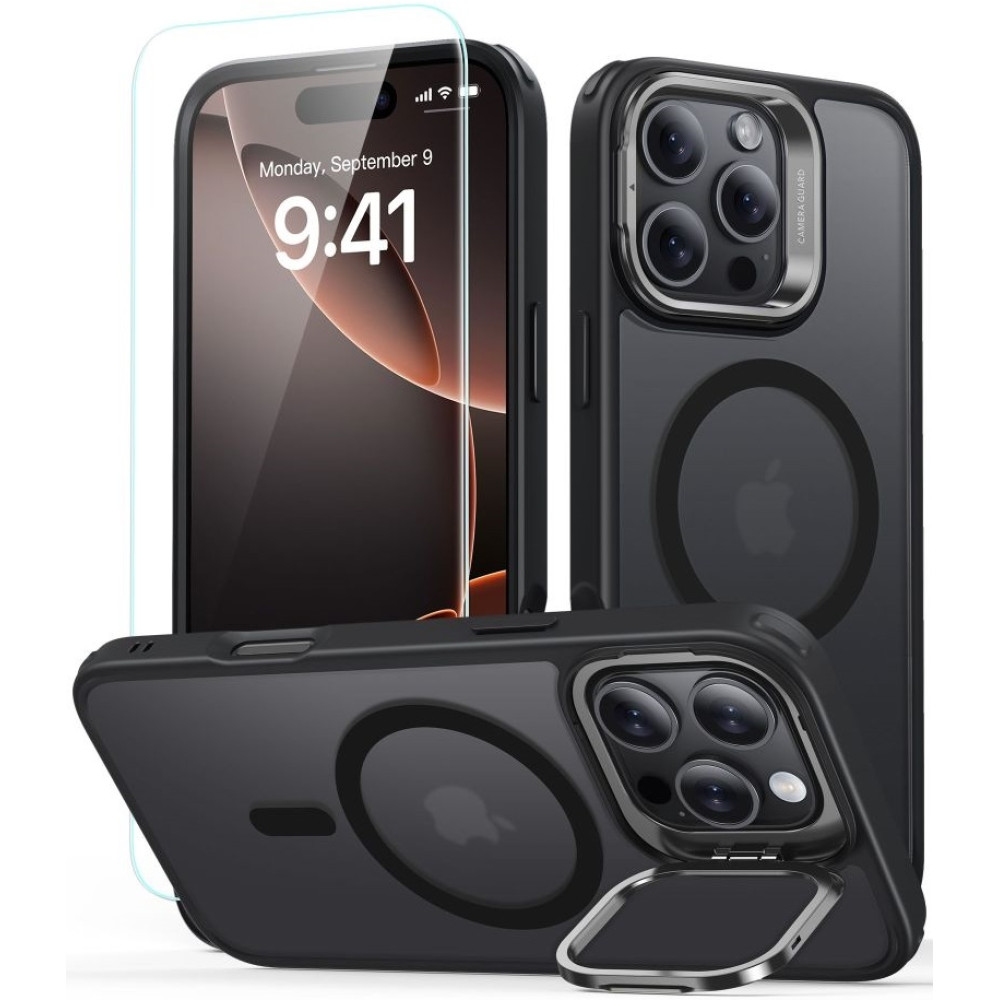 Θήκη & Αντιχαρακτικό Γυαλί Προστασίας Apple iPhone 16 Pro - ESR Classic Hybrid HaloLock with Stash Stand Σετ Ανθεκτική MagSafe & Tempered Glass Οθόνης με KickStand - Frosted Black (4894240243800)
