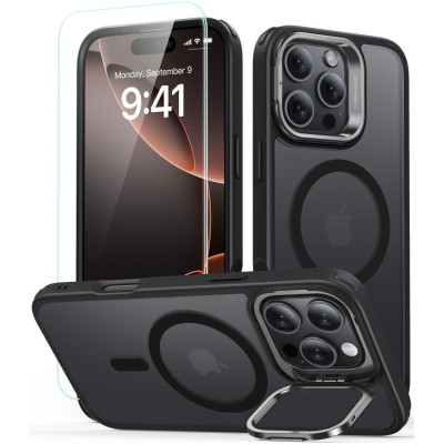 Θήκη & Αντιχαρακτικό Γυαλί Προστασίας Apple iPhone 16 Pro - ESR Classic Hybrid HaloLock with Stash Stand Σετ Ανθεκτική MagSafe & Tempered Glass Οθόνης με KickStand - Frosted Black (4894240243800)