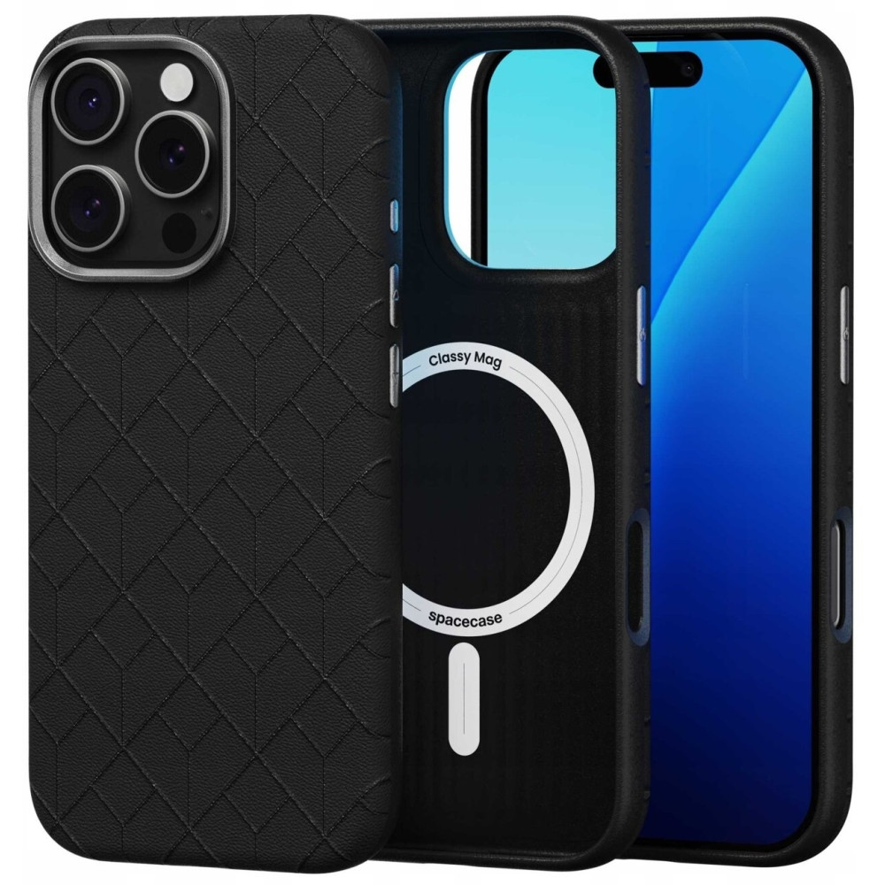 Θήκη iPhone 16 Pro Spacecase Classy Mag Σκληρή από Οικολογικό Δέρμα με MagSafe - Black (5905719112103)