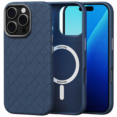 Θήκη iPhone 16 Pro Spacecase Classy Mag Σκληρή από Οικολογικό Δέρμα με MagSafe - Dark Blue (5905719112110)