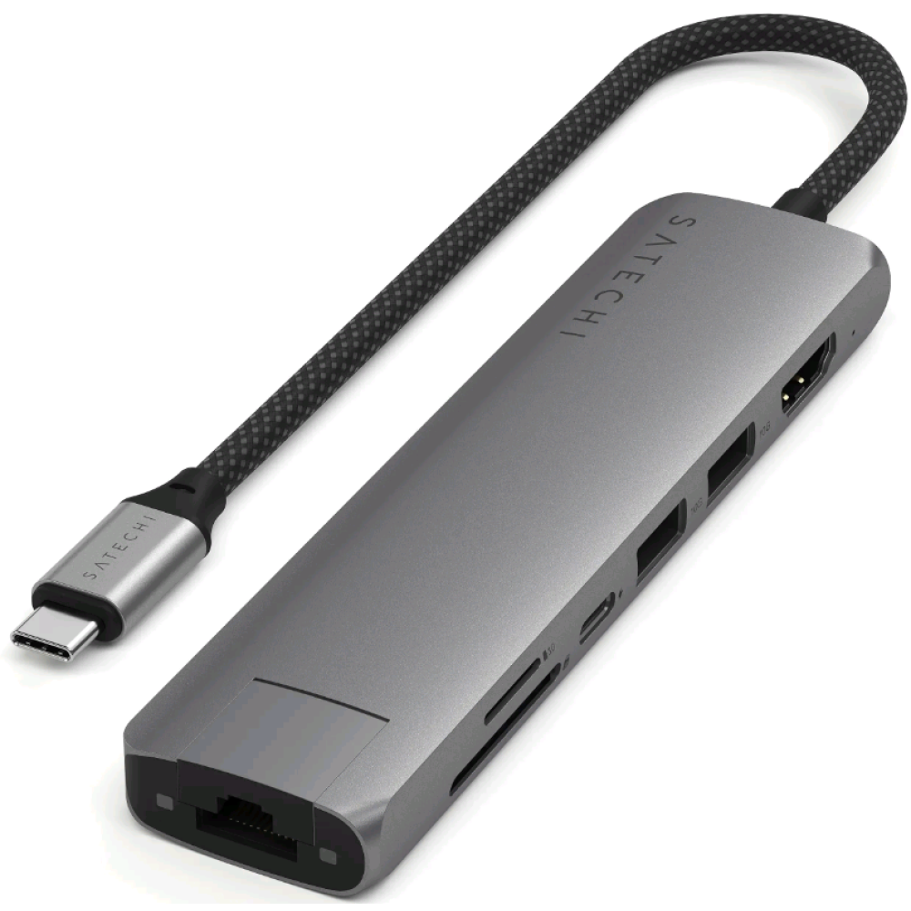 Αντάπτορας Satechi 7in1 USB-C Slim Multiport Adapter Type-C (male) σε 1 x Type-C 100W / 2 x USB-A 3.2 10Gbps / 1 x HDMI 4K 60Hz / 1 x Ethernet 1 Gigabit / 1 x SD / 1 x MicroSD - Space Grey (ST-P7SM)