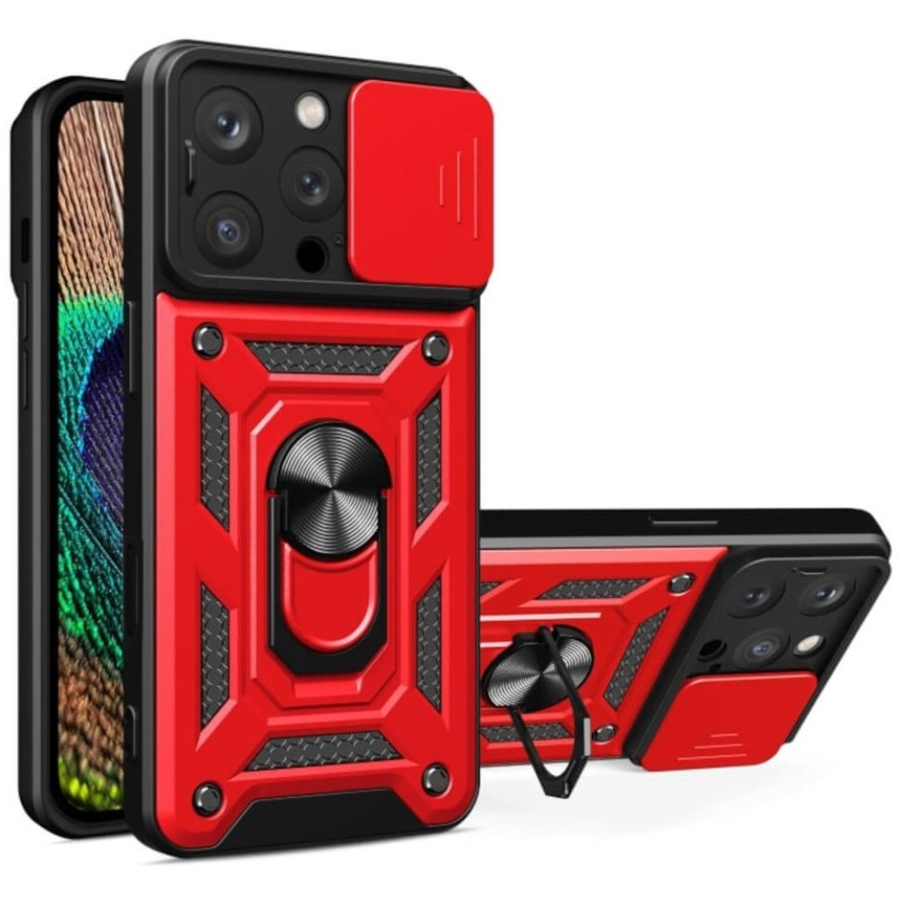 Θήκη iPhone 16 Pro Bodycell Armor Slide Ανθεκτική με Κάλυμμα για την Κάμερα & Μεταλλικό Ring Holder - Red (5206015079078)