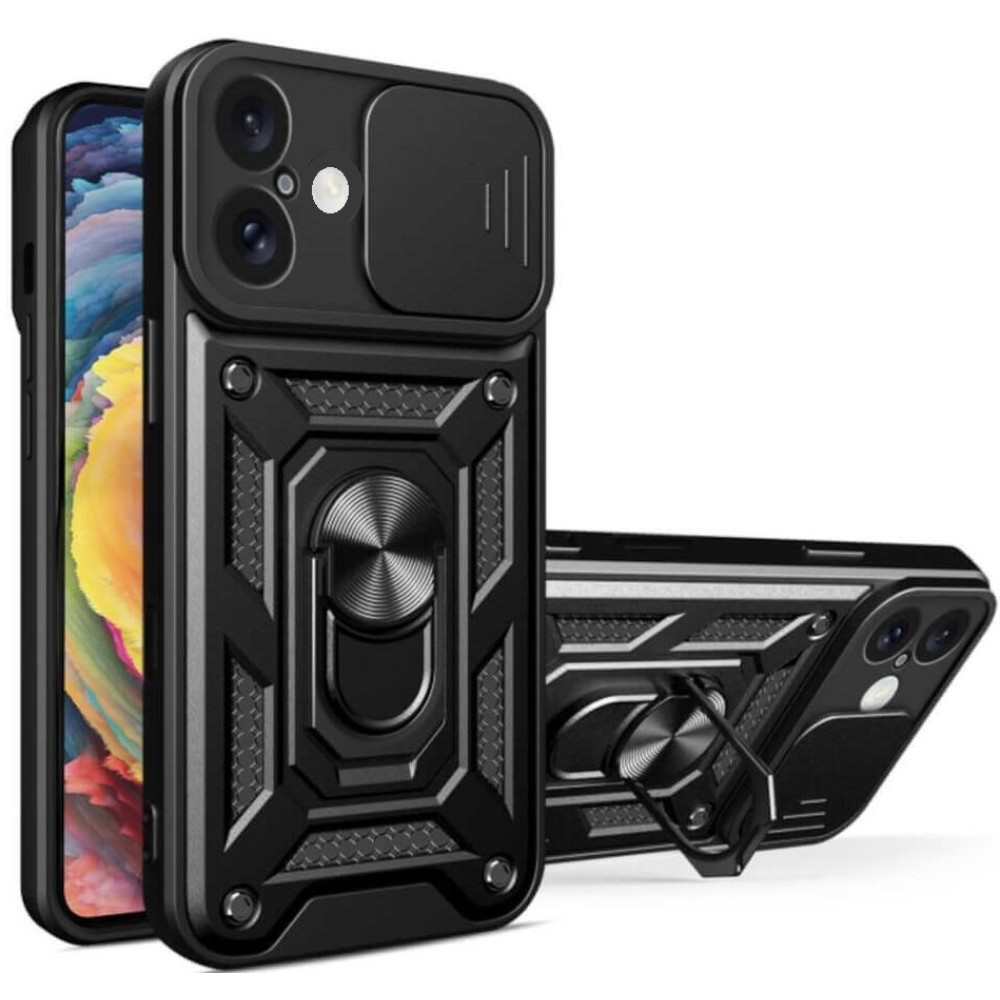 Θήκη iPhone 16 Plus Bodycell Armor Slide Ανθεκτική με Κάλυμμα για την Κάμερα & Μεταλλικό Ring Holder - Black (5206015078972)