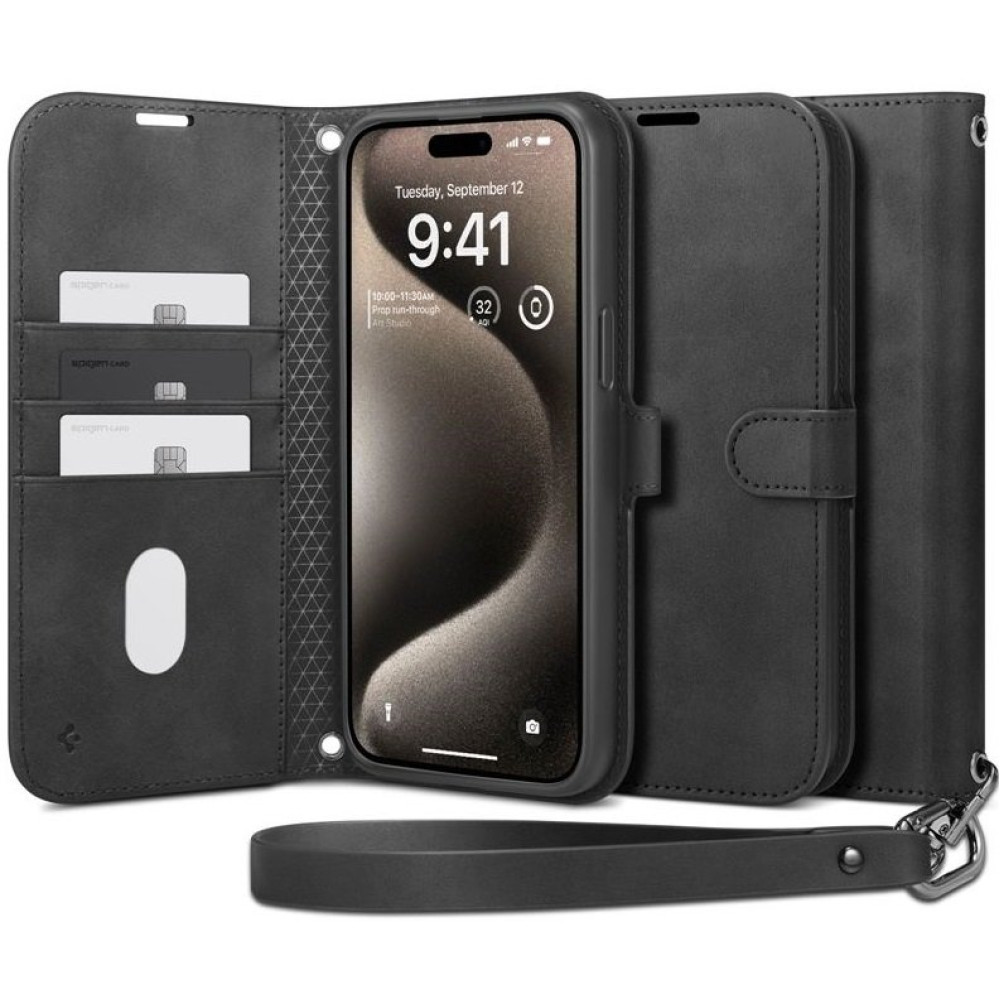 Θήκη iPhone 15 Pro Max Spigen Wallet S Pro Ανθεκτικό Πορτοφόλι με Αποσπώμενο Λουράκι Χειρός / Λαιμού - Black (ACS06605)