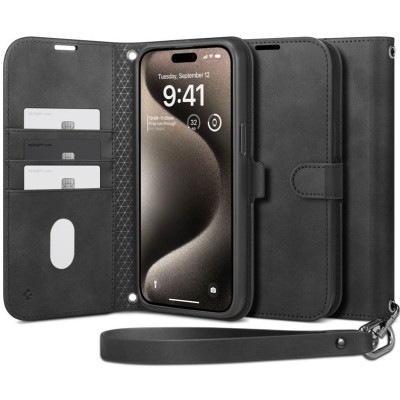 Θήκη iPhone 15 Pro Max Spigen Wallet S Pro Ανθεκτικό Πορτοφόλι με Αποσπώμενο Λουράκι Χειρός / Λαιμού - Black (ACS06605)