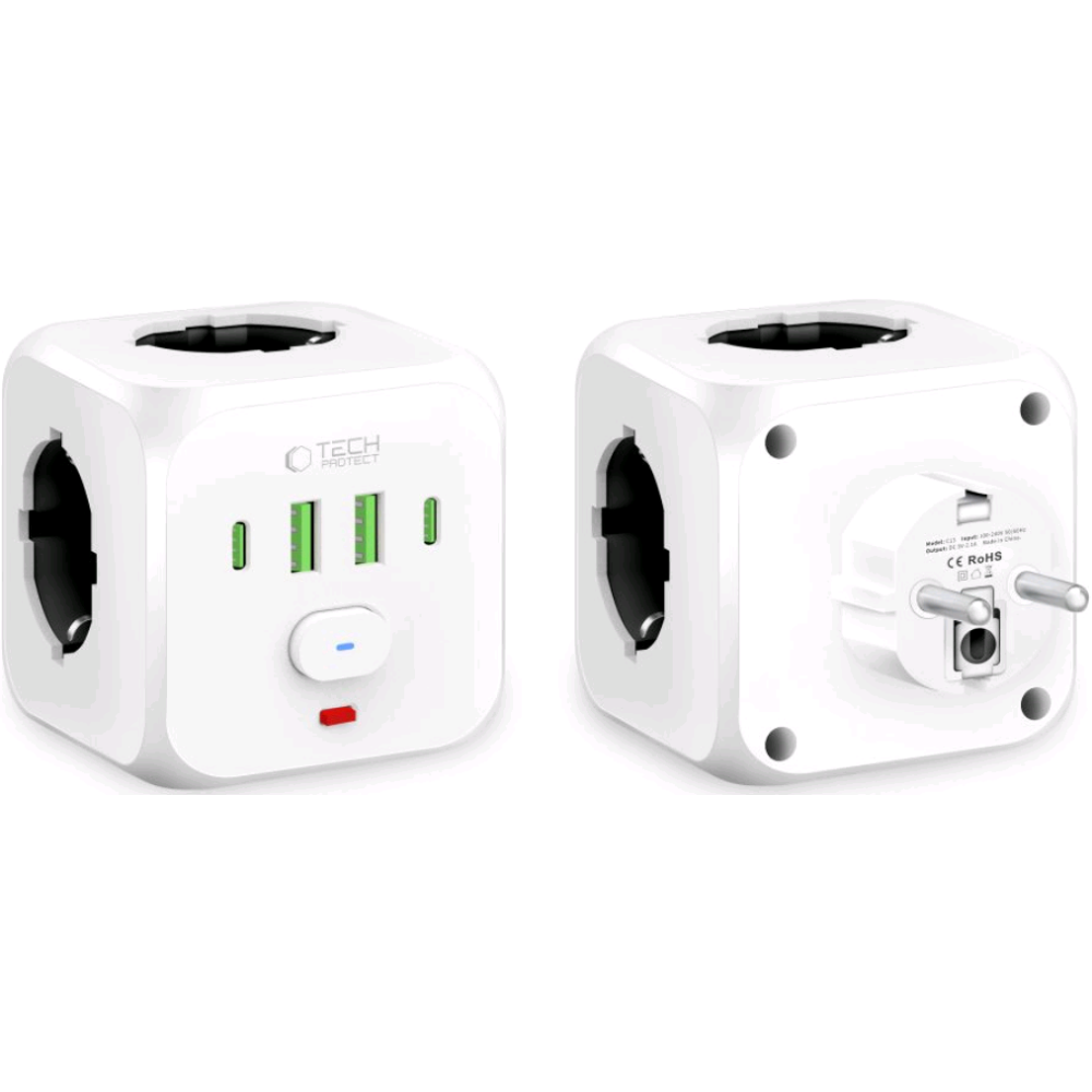 Πολύπριζο Tech-Protect PCL3X4 Universal Power Socket με 3 x Υποδοχές AC 240V & Διακόπτη / 2 x USB-A / 2 x Type-C 2.1A - White (5906302372096)
