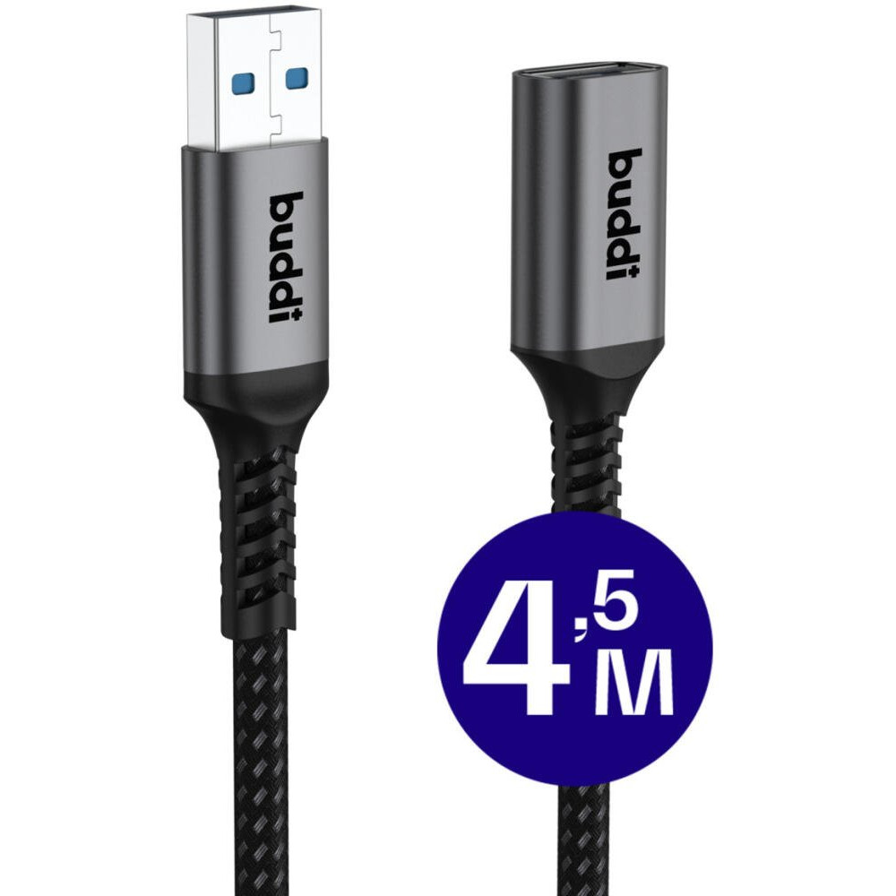 Καλώδιο Buddi Flex Extension Cable Επέκτασης USB-A (Male) σε USB-A (Female) 15W 450cm 5 Έτη Εγγύηση - Black (8719246459542)
