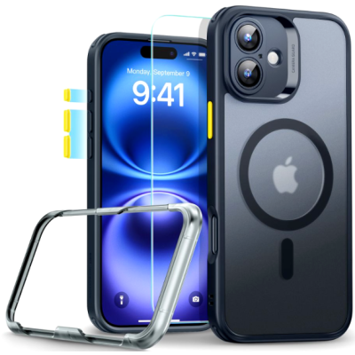 Θήκη & Tempered Glass iPhone 16 ESR Classic Pro Set Ανθεκτική με MagSafe / Εναλλάξιμα Κουμπιά & Αντιχαρακτικό Γυαλί Προστασίας Οθόνης - Frosted Black (4894240221976)