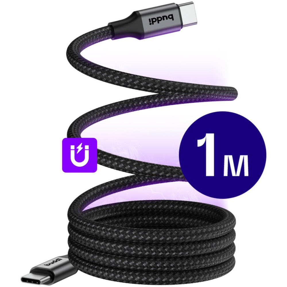 Καλώδιο Type-C Buddi Ease σε Type-C Μαγνητικό για Φόρτιση & Μεταφορά Δεδομένων 100cm 60W 5 Έτη Εγγύηση - Black (8719246459191)