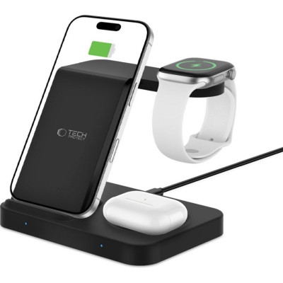 Βάση Ασύρματης Φόρτισης Tech-Protect A37 3 in 1 Qi για Smartphone / Airpods & Galaxy Buds / Apple Watch 15W - Black (5906302372171)