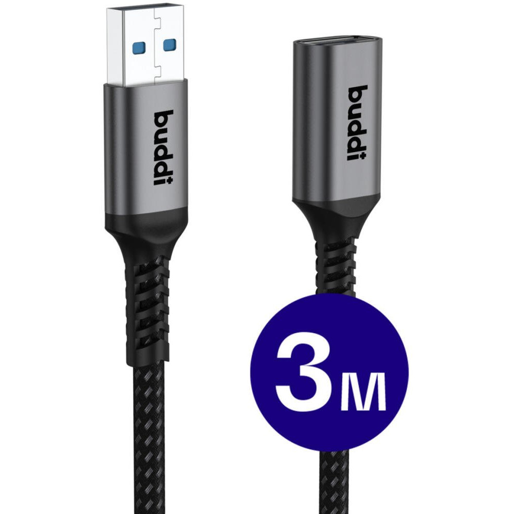Καλώδιο Buddi Flex Extension Cable Επέκτασης USB-A (Male) σε USB-A (Female) 15W 300cm 5 Έτη Εγγύηση - Black (8719246459535)