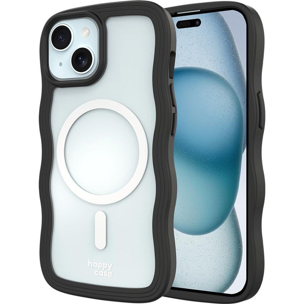 Θήκη iPhone 16e / 15 / 14 / 13 HappyCase Wavy Διάφανη Σκληρή με MagSafe & TPU Bumper - Black (8719246471445)