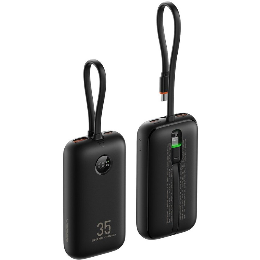 PowerBank Veger K1 με Οθόνη LED & 1 x Θύρα Type-C / 1 x Θύρα USB-A / 1 x Καλώδιο Type-C / 1 x Καλώδιο Lightning 35W 10.000mAh - Black (W1188)