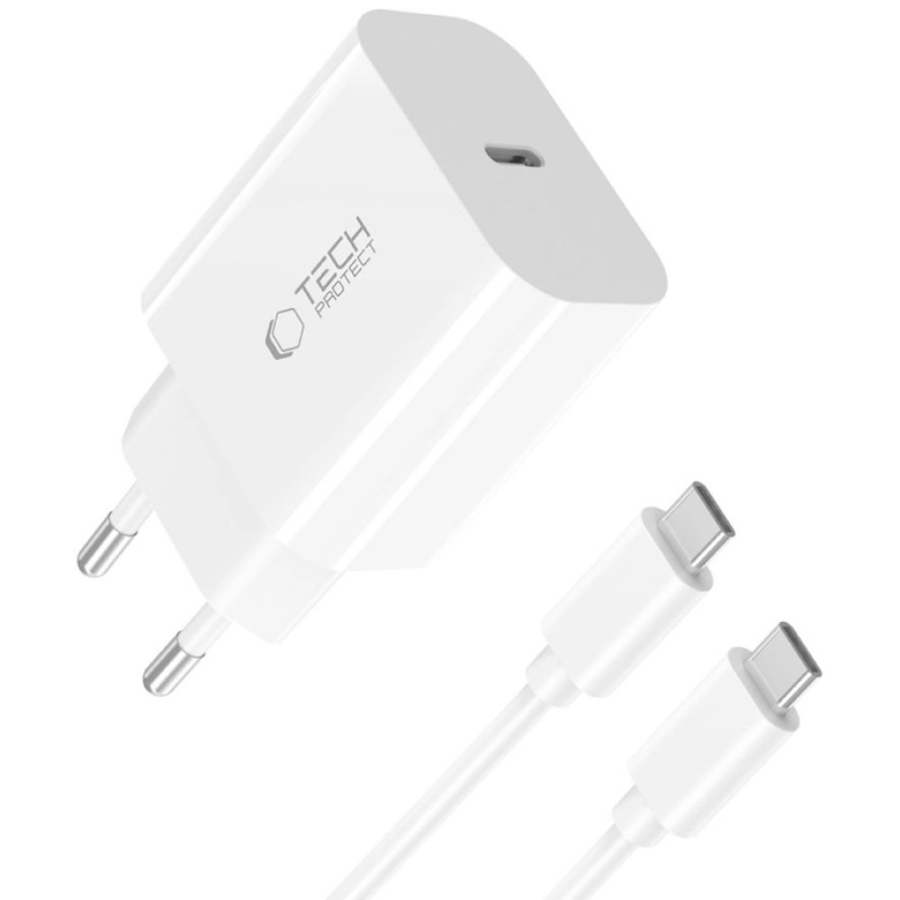 Φορτιστής Tech-Protect NC20W Αντάπτορας με 1 x Type-C 20W & 1 x Καλώδιο Type-C σε Type-C 100cm - White (5906302361588)