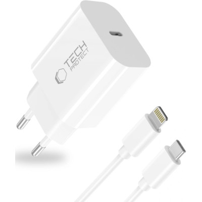Φορτιστής Tech-Protect NC20W Αντάπτορας με 1 x Type-C 20W & 1 x Καλώδιο Type-C σε Lightning 100cm - White (5906302362899)