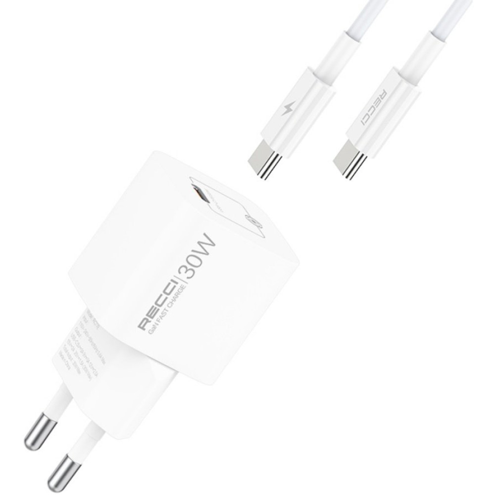Φορτιστής Recci RC77ECC GaN Αντάπτορας με 1 x Type-C 30W & 1 x Καλώδιο Type-C σε Type-C 100cm - White (6955482528273)
