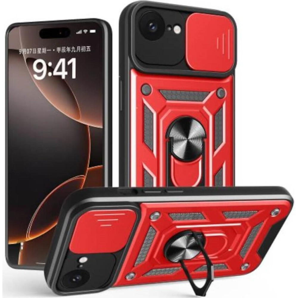 Θήκη iPhone 16e Bodycell Armor Slide Ανθεκτική με Κάλυμμα για την Κάμερα & Μεταλλικό Ring Holder - Red (5206015080173)