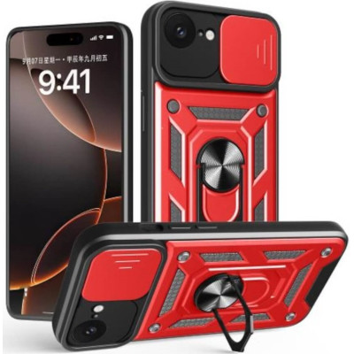 Θήκη iPhone 16e Bodycell Armor Slide Ανθεκτική με Κάλυμμα για την Κάμερα & Μεταλλικό Ring Holder - Red (5206015080173)