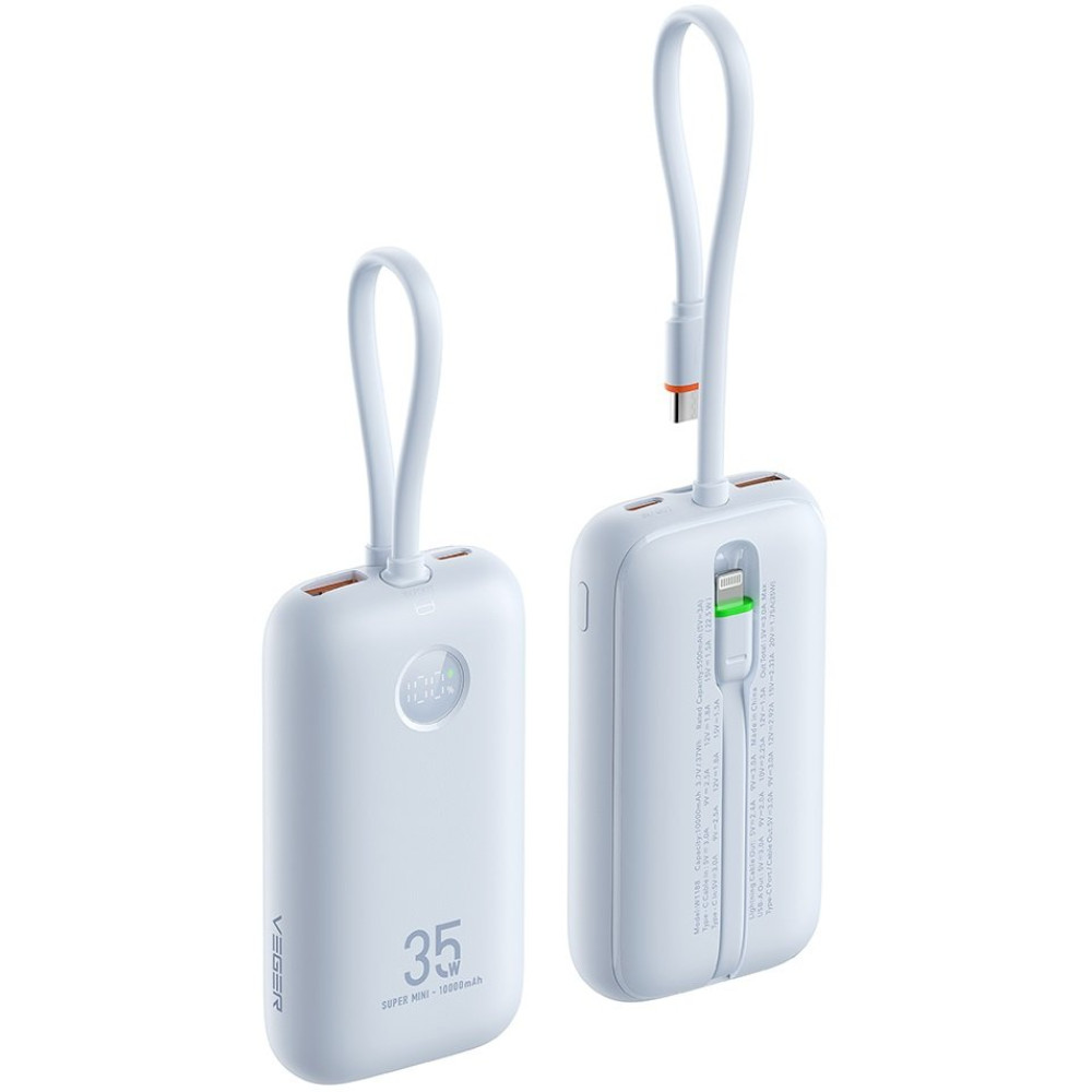 PowerBank Veger K1 με Οθόνη LED & 1 x Θύρα Type-C / 1 x Θύρα USB-A / 1 x Καλώδιο Type-C / 1 x Καλώδιο Lightning 35W 10.000mAh - Sky Blue (6977525750717)