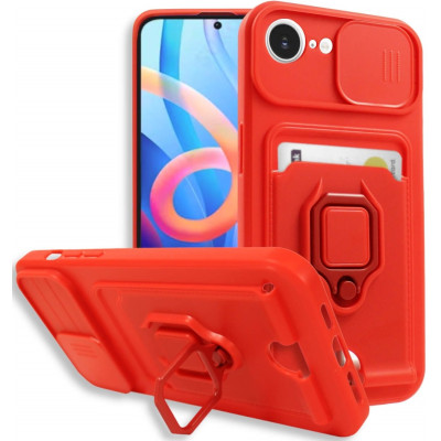 Θήκη iPhone 16e Bodycell Multifunction με Λουράκι Λαιμού / Κάλυμμα Κάμερας / Ring Holder & Υποδοχή Κάρτας - Red (5206015081477)