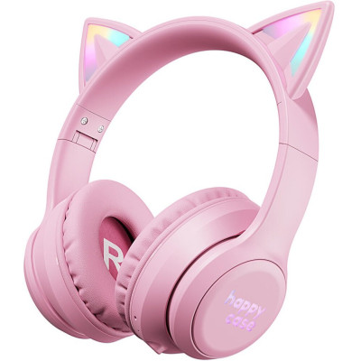 Bluetooth Ακουστικά HappyCase Popz Ασύρματα / Ενσύρματα Κεφαλής για Παιδιά με Ασφαλή Μέγιστη Ένταση Ήχου & LED Φωτισμό - Pink (8719246468759)