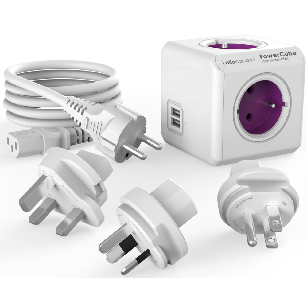 Πολύπριζο Allocacoc PowerCube Rewirable USB με 4 Υποδοχές Type-F 2500W / 2 x USB-A 10.5W / 3 x Βύσματα US / UK / AU & 1 x Καλώδιο IEC EU 100cm 2 Έτη Εγγύηση - Purple (1811/DERU3P)