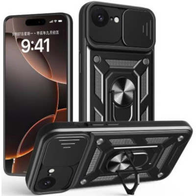 Θήκη iPhone 16e Bodycell Armor Slide Ανθεκτική με Κάλυμμα για την Κάμερα & Μεταλλικό Ring Holder - Black (5206015080166)