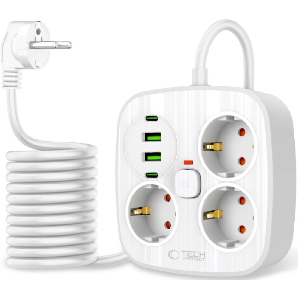 Πολύπριζο Tech-Protect PCS3X4 Power Strip με 3 x Υποδοχές AC 250V με Διακόπτη & Καλώδιο 200cm 2 x USB-A / 2 x Type-C 2.1A - White (5906302363421)