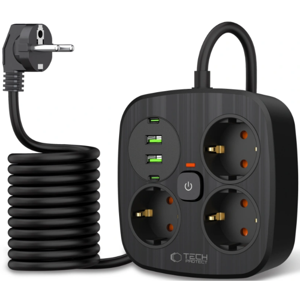 Πολύπριζο Tech-Protect PCS3X4 Power Strip με 3 x Υποδοχές AC 250V με Διακόπτη & Καλώδιο 200cm 2 x USB-A / 2 x Type-C 2.1A - Black (5906302363414)