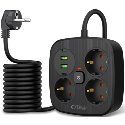 Πολύπριζο Tech-Protect PCS3X4 Power Strip με 3 x Υποδοχές AC 250V με Διακόπτη & Καλώδιο 200cm 2 x USB-A / 2 x Type-C 2.1A - Black (5906302363414)