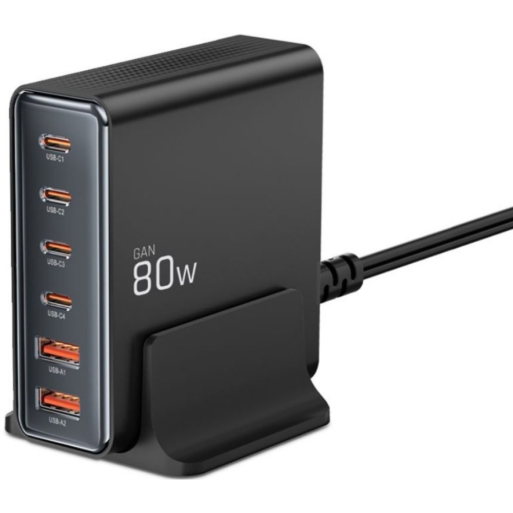 Φορτιστής Tech-Protect DC80W GaN Επιτραπέζιος με Βάση / Καλώδιο Τροφοδοσίας 150cm & 2 x USB-A / 4 x Type-C 80W - Black (5906302375448)