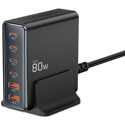 Φορτιστής Tech-Protect DC80W GaN Επιτραπέζιος με Βάση / Καλώδιο Τροφοδοσίας 150cm & 2 x USB-A / 4 x Type-C 80W - Black (5906302375448)
