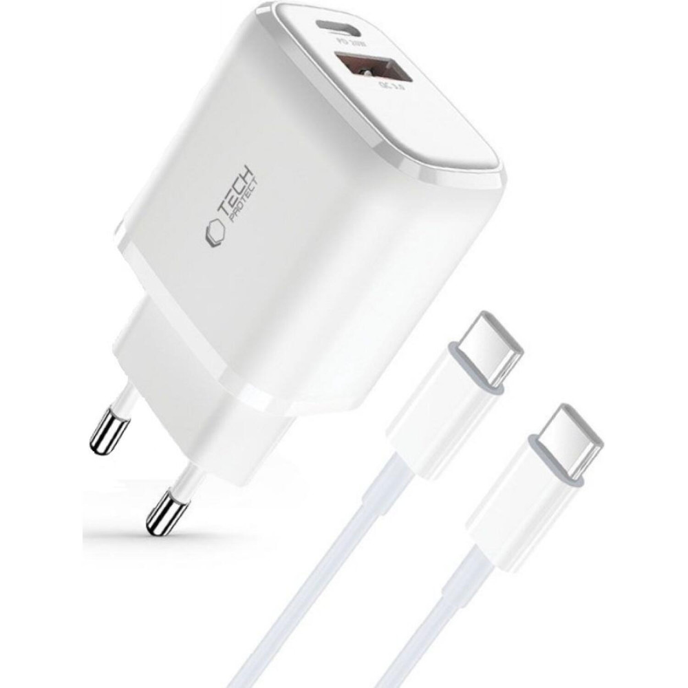 Φορτιστής Tech-Protect C20W Αντάπτορας με 1 x USB-A / 1 x Type-C 20W & 1 x Καλώδιο Type-C σε Type-C 100cm - White (9490713930373)